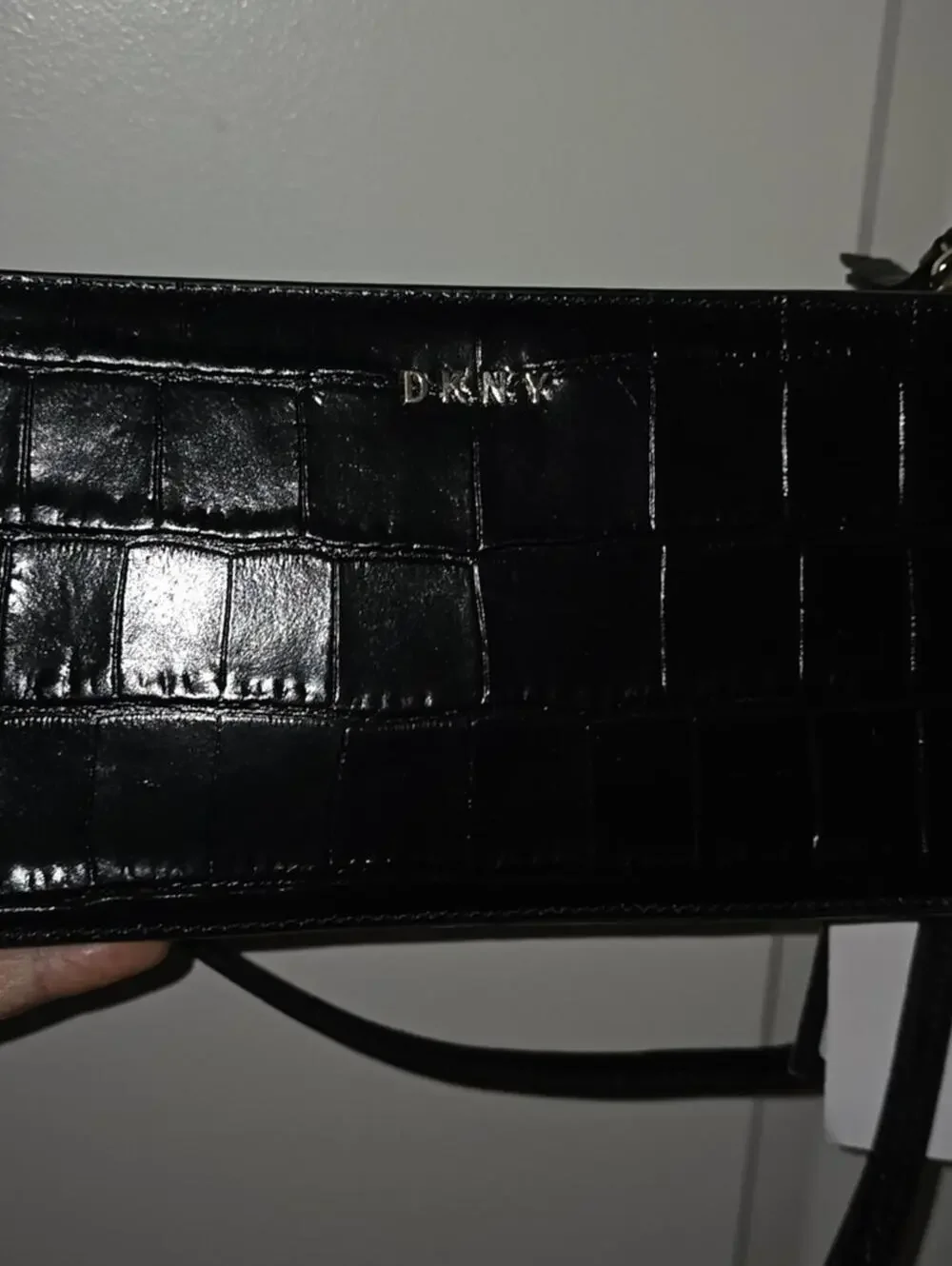 DKNY Black Croc Embossed Leather Crossbody Chain Strap NWT